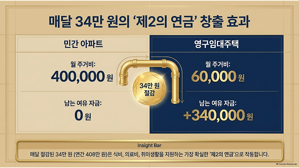 매달 34만 원의 제2의 연금 창출 효과: 민간 아파트와 영구임대주택 주거비 비교