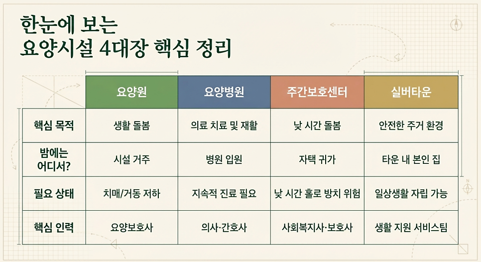 한눈에 보는 요양시설 4대장 핵심 정리 표