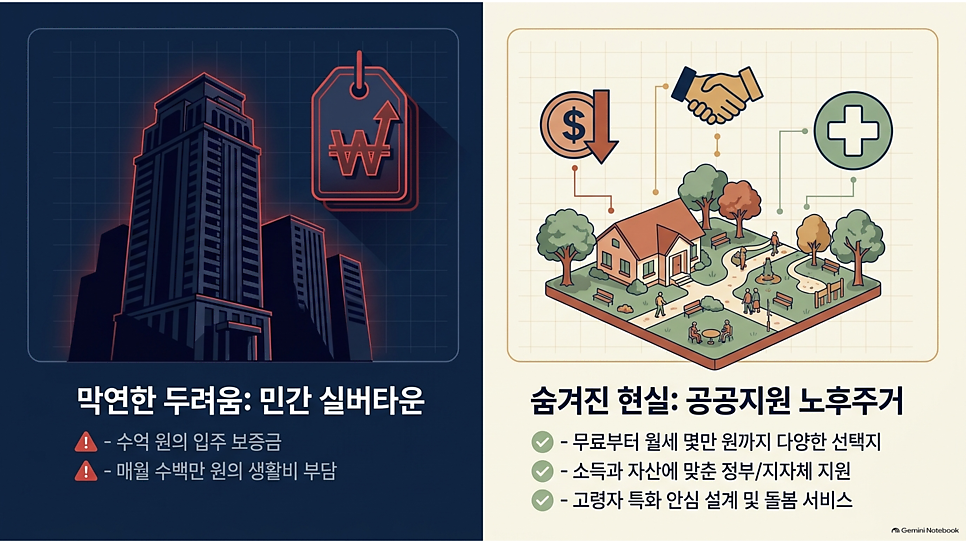 막연한 두려움: 민간 실버타운 vs 숨겨진 현실: 공공지원 노후주거