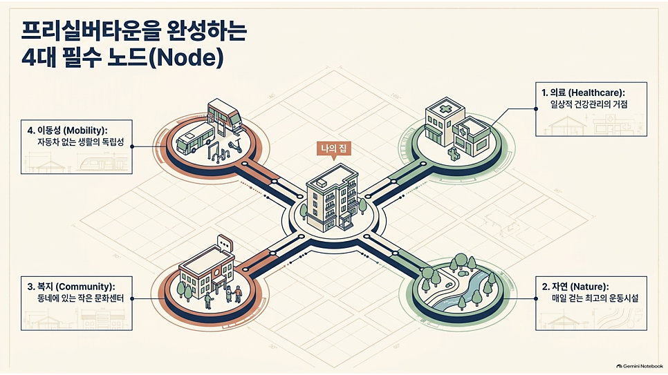 프리실버타운을 완성하는 4대 필수 노드(Node): 의료·자연·복지·이동성
