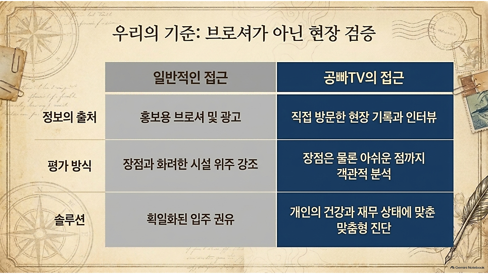 우리의 기준: 브로셔가 아닌 현장 검증 (일반적인 접근과 공빠TV 비교)