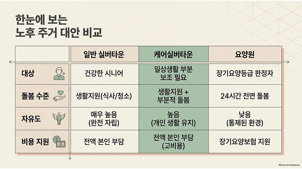 한눈에 보는 노후 주거 대안 비교 표