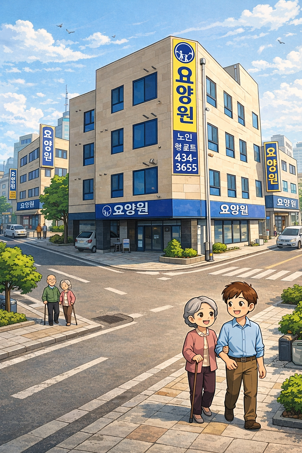 요양원 간판이 늘어선 거리를 걷는 어르신 일러스트