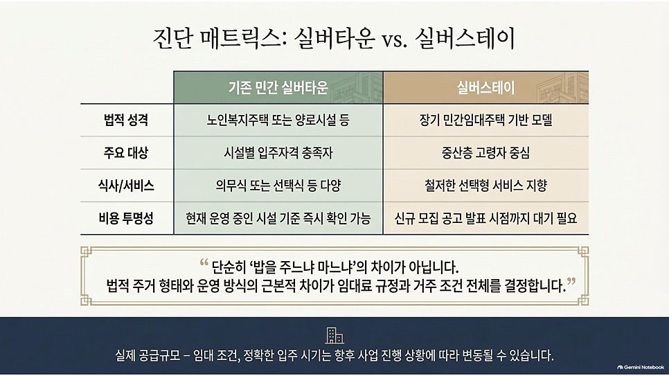 진단 매트릭스: 실버타운 vs. 실버스테이 비교 표