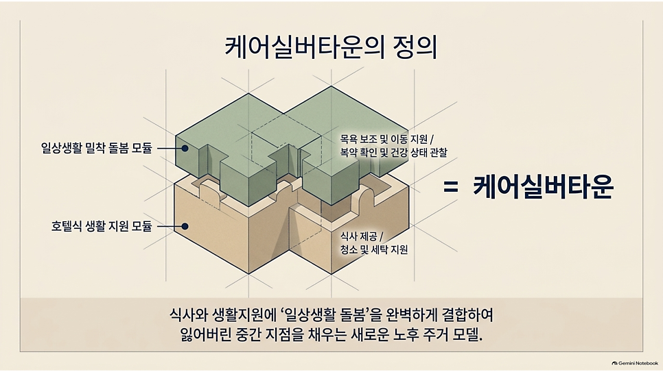 케어실버타운의 정의: 호텔식 생활 지원 모듈과 일상생활 밀착 돌봄 모듈의 결합