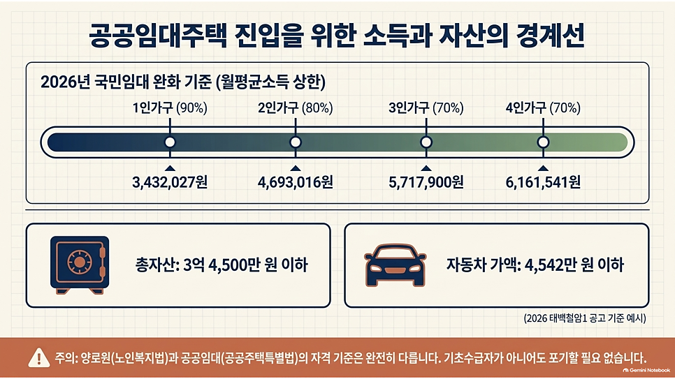 공공임대주택 진입을 위한 소득과 자산의 경계선(2026년 국민임대 완화 기준)