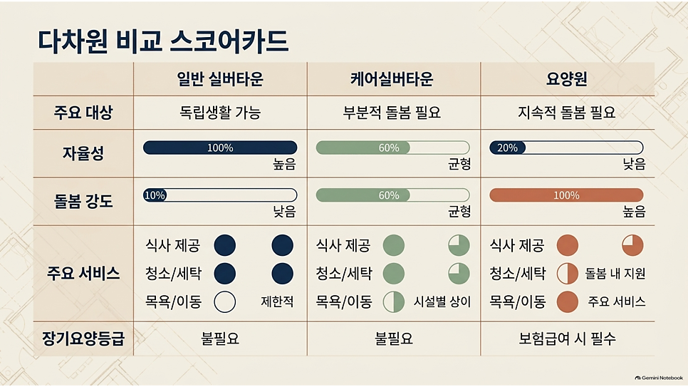 다차원 비교 스코어카드: 일반 실버타운·케어실버타운·요양원 비교 표