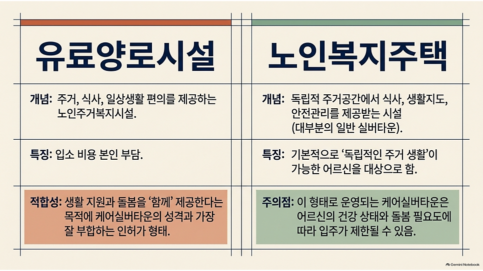 유료양로시설과 노인복지주택의 개념·특징 비교