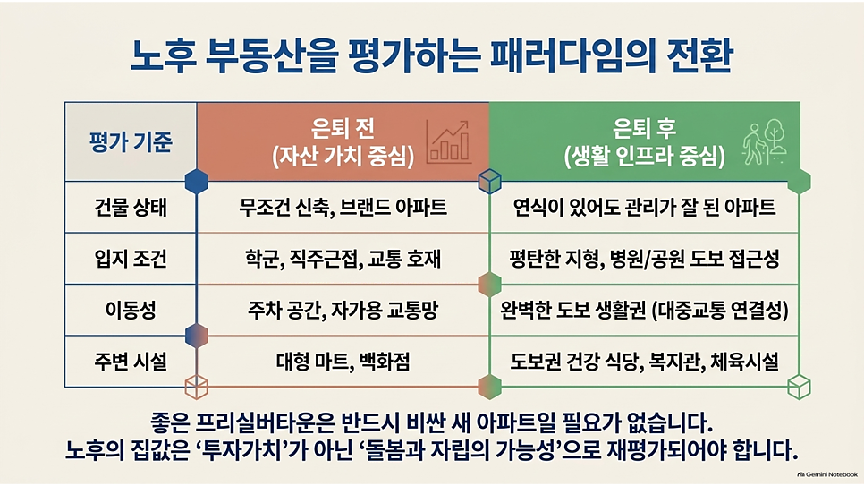 노후 부동산을 평가하는 패러다임의 전환: 은퇴 전후 평가 기준 비교 표