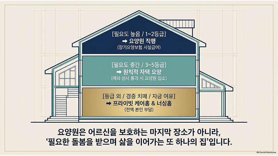 돌봄 필요도별 선택지: 1~2등급 요양원, 3~5등급 자택 요양, 등급 외 케어홈·너싱홈