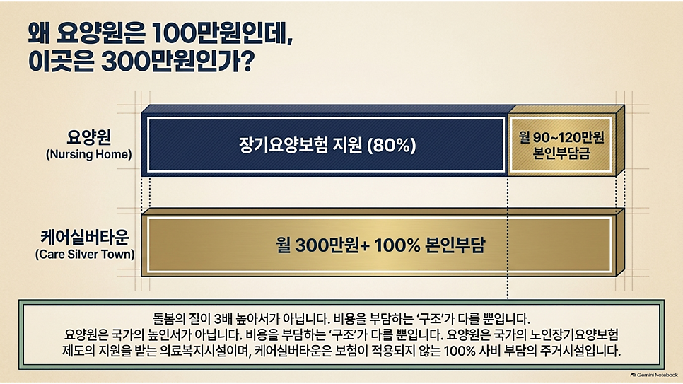 왜 요양원은 100만원인데, 이곳은 300만원인가? 요양원과 케어실버타운 비용 구조