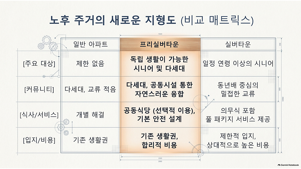 노후 주거의 새로운 지형도: 일반 아파트·프리실버타운·실버타운 비교표
