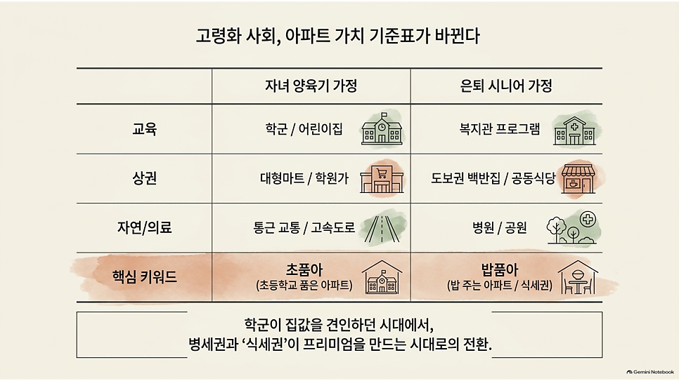 고령화 사회, 아파트 가치 기준표가 바뀐다: 자녀 양육기와 은퇴 시니어 비교 표