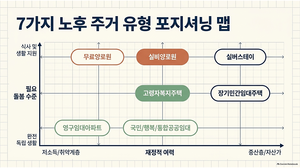 7가지 노후 주거 유형 포지셔닝 맵(재정적 여력과 필요 돌봄 수준) 그래프