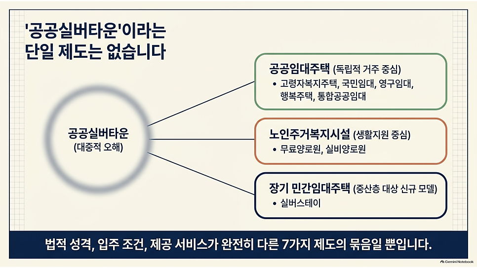 공공실버타운이라는 단일 제도는 없습니다: 공공임대주택·노인주거복지시설·장기 민간임대주택