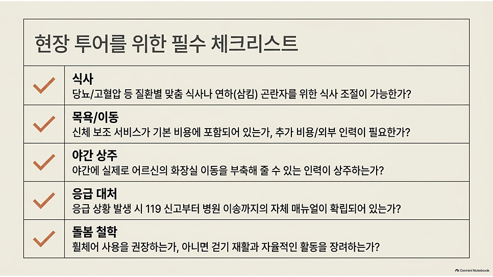 현장 투어를 위한 필수 체크리스트: 케어실버타운 확인 항목 5가지