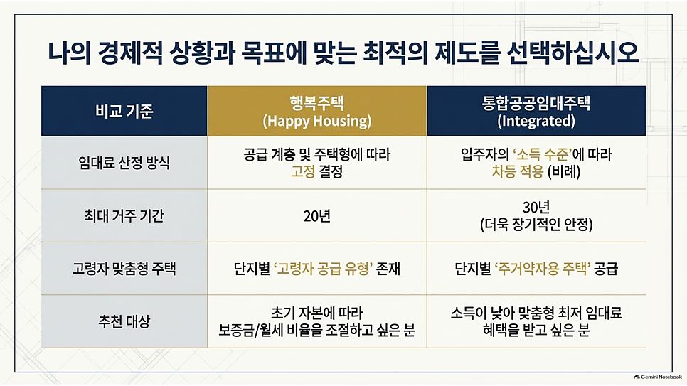 나의 경제적 상황과 목표에 맞는 최적의 제도를 선택하십시오: 행복주택과 통합공공임대 비교 표