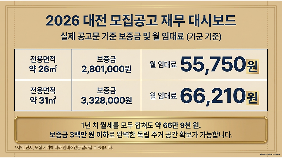 2026 대전 모집공고 재무 대시보드: 영구임대 보증금과 월 임대료 표