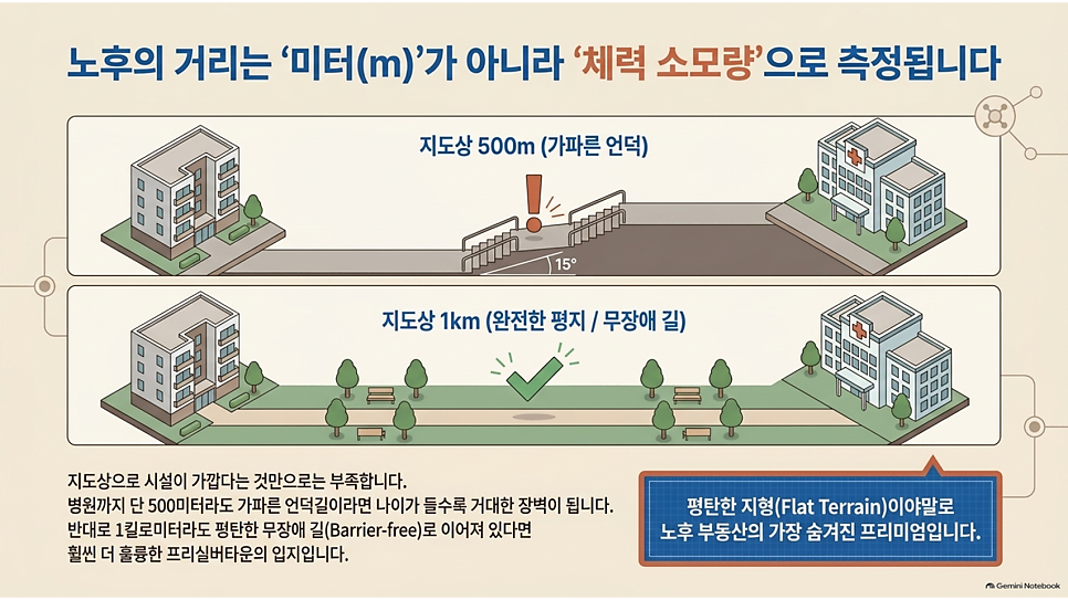 노후의 거리는 미터(m)가 아니라 체력 소모량으로 측정됩니다