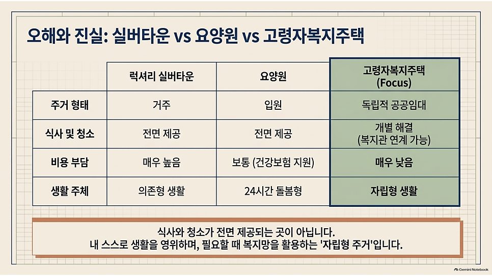 오해와 진실: 실버타운 vs 요양원 vs 고령자복지주택 비교 표