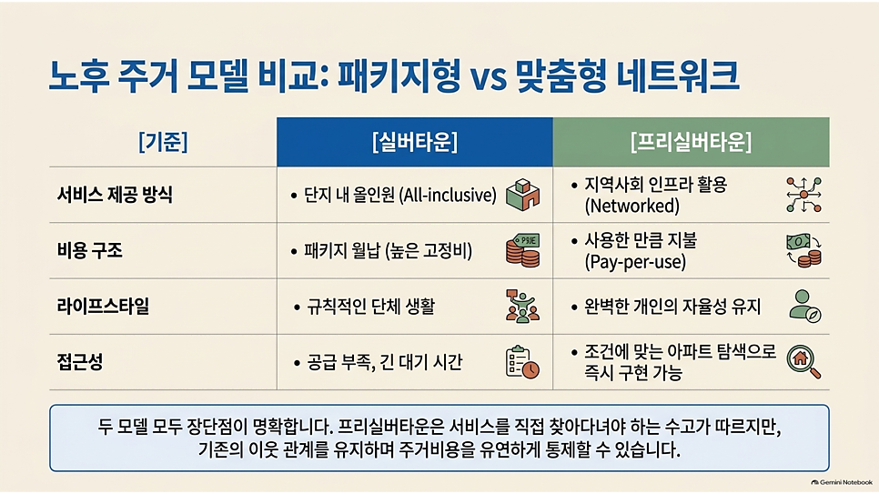 노후 주거 모델 비교: 패키지형 vs 맞춤형 네트워크