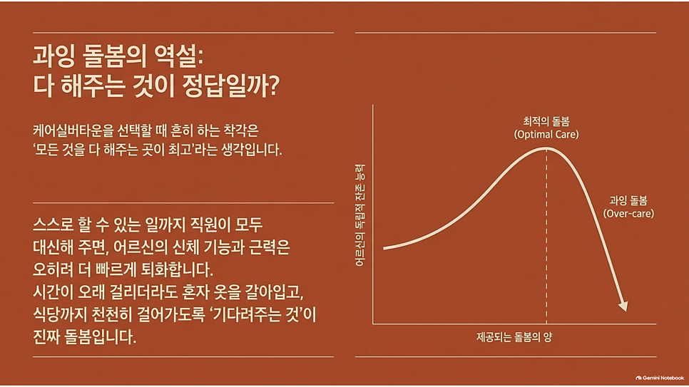 과잉 돌봄의 역설: 다 해주는 것이 정답일까? 돌봄의 양과 잔존 능력 그래프